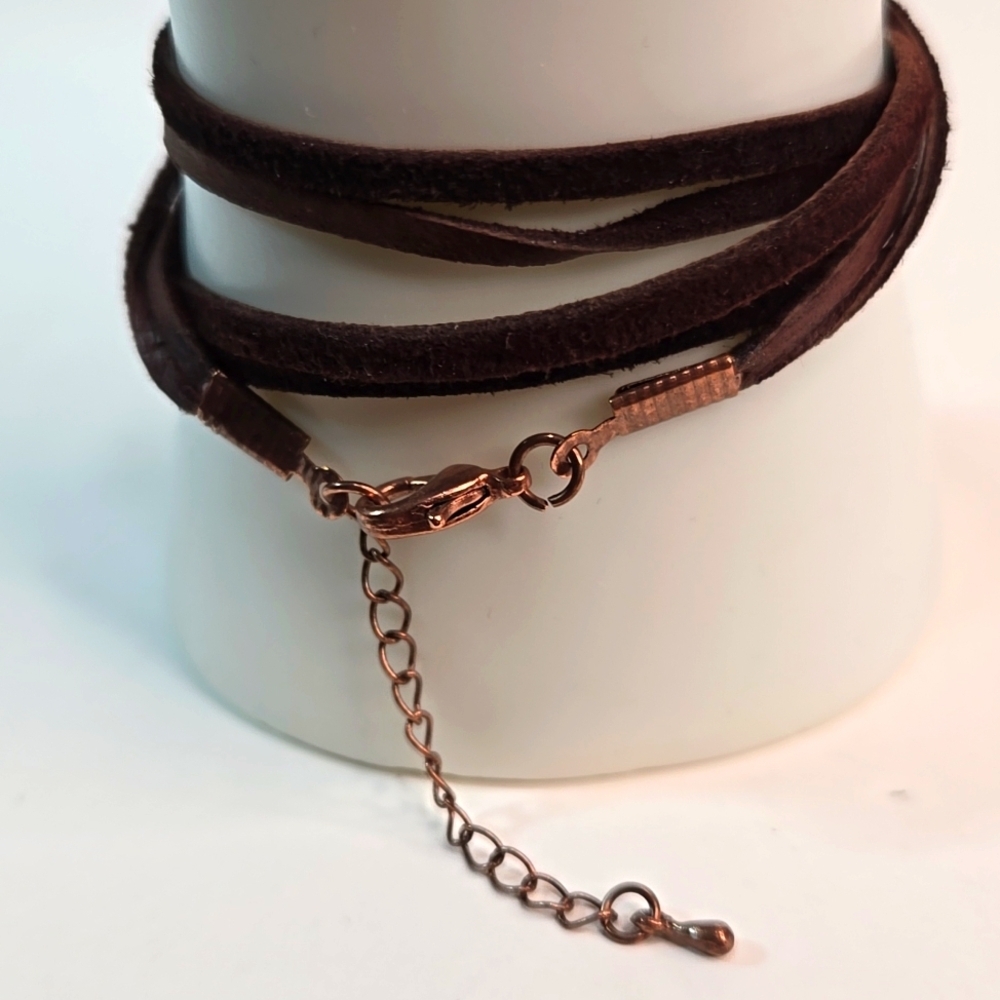 Hammered Copper Circle Double Strand Brown Leather Wrap Bracelet NWOT - Picture 4 of 9